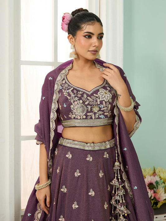 Dark Purple Tissue Sequins Embroidery Reception Lehenga