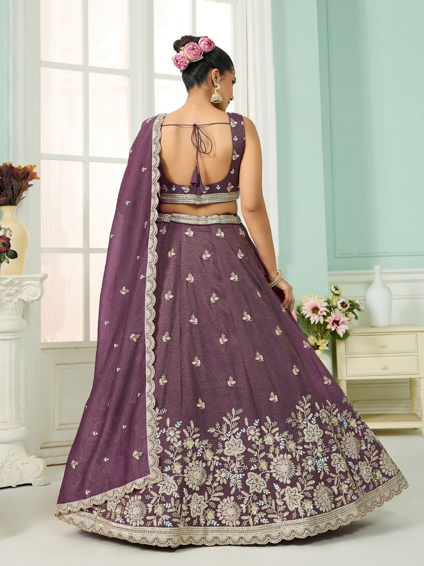 Dark Purple Tissue Sequins Embroidery Reception Lehenga