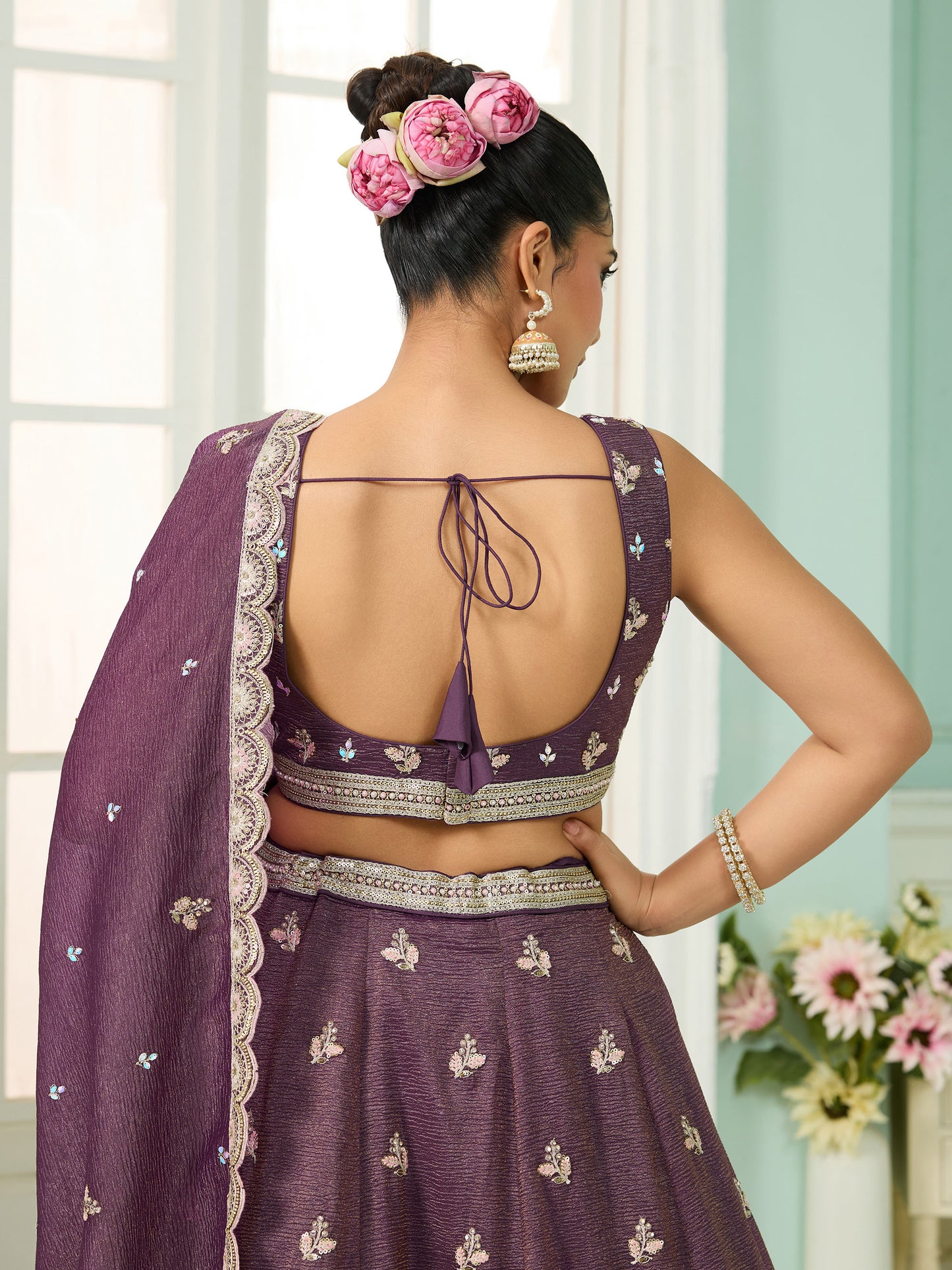 Dark Purple Tissue Sequins Embroidery Reception Lehenga