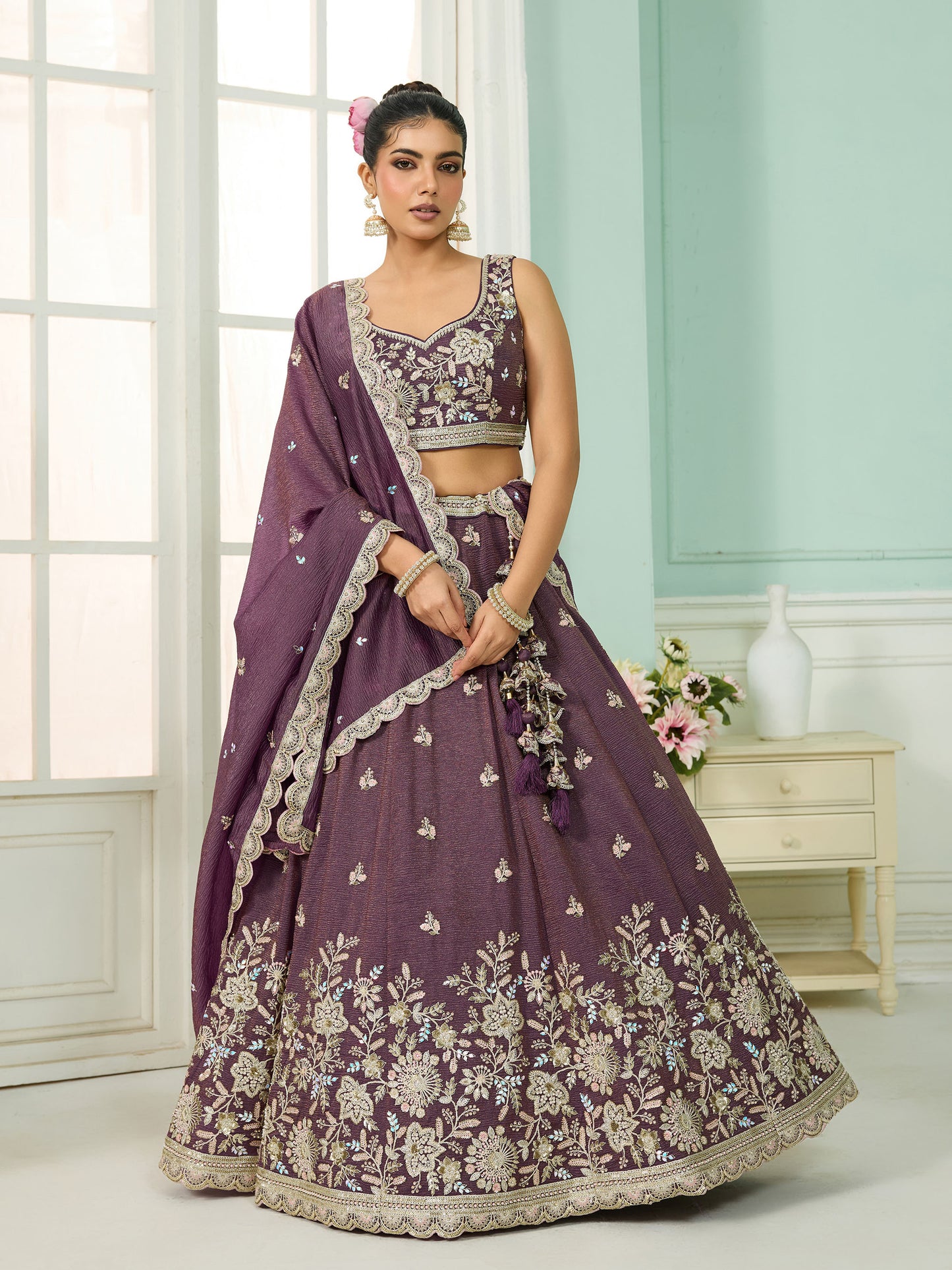 Dark Purple Tissue Sequins Embroidery Reception Lehenga