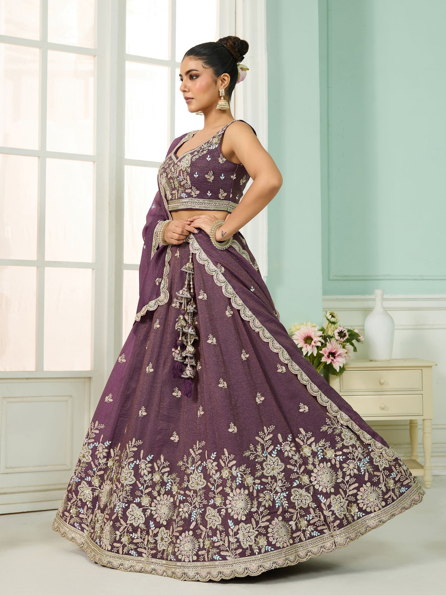 Dark Purple Tissue Sequins Embroidery Reception Lehenga
