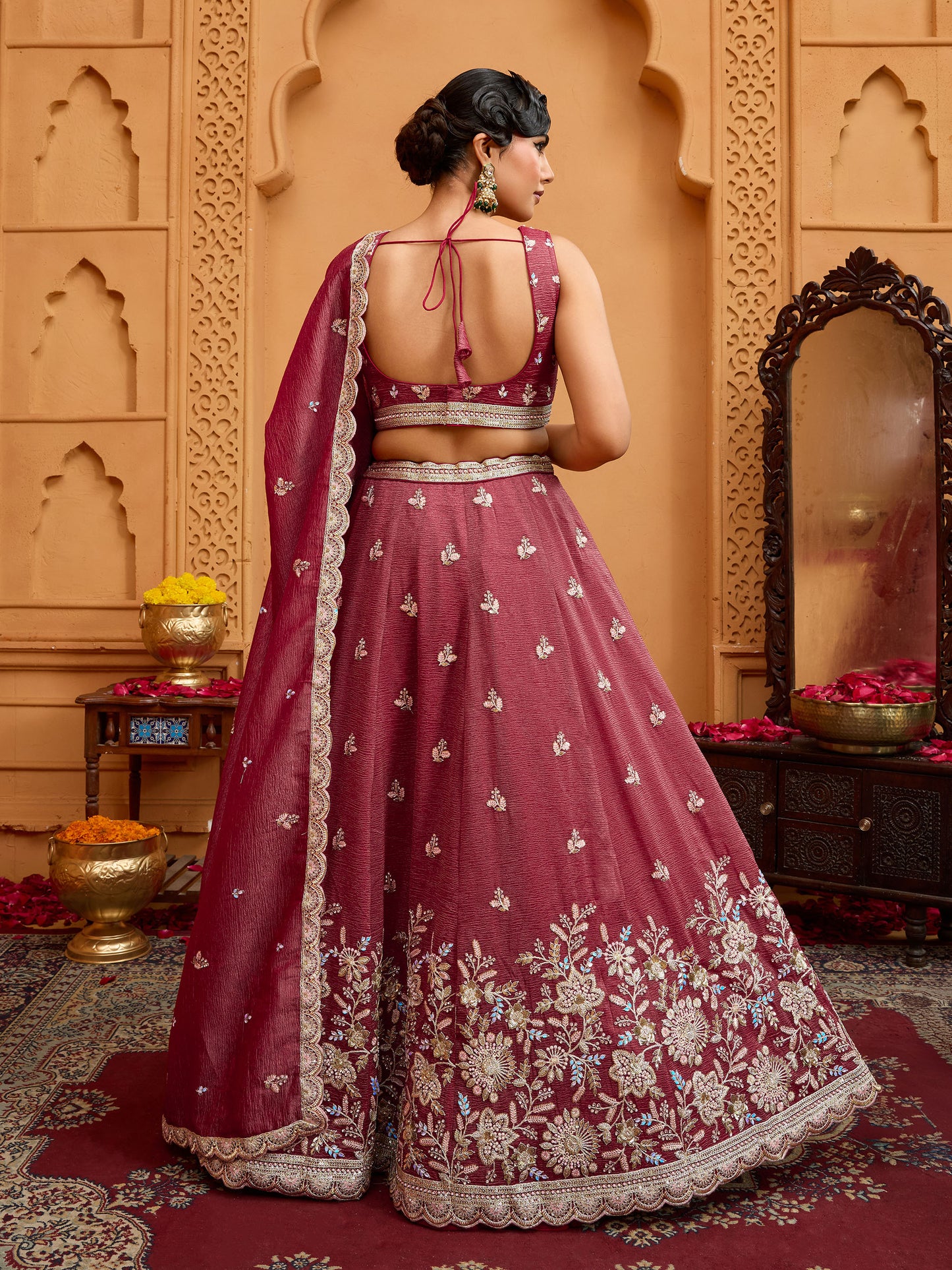 Rose Gold Tissue Sequins Embroidery Bridesmaid Lehenga for Sangeet