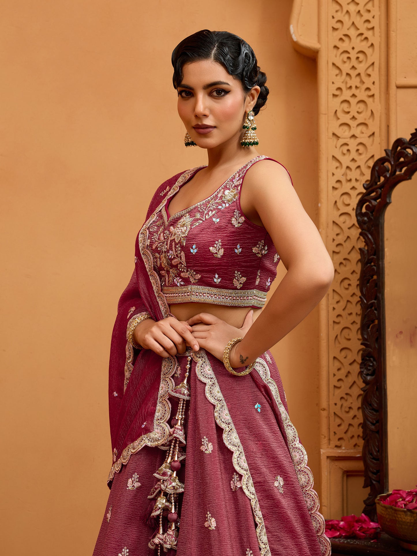 Rose Gold Tissue Sequins Embroidery Bridesmaid Lehenga for Sangeet