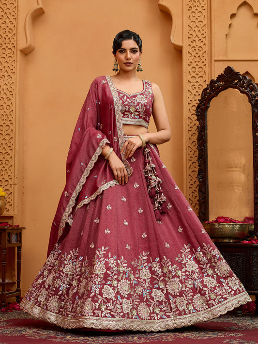 Rose Gold Tissue Sequins Embroidery Bridesmaid Lehenga for Sangeet