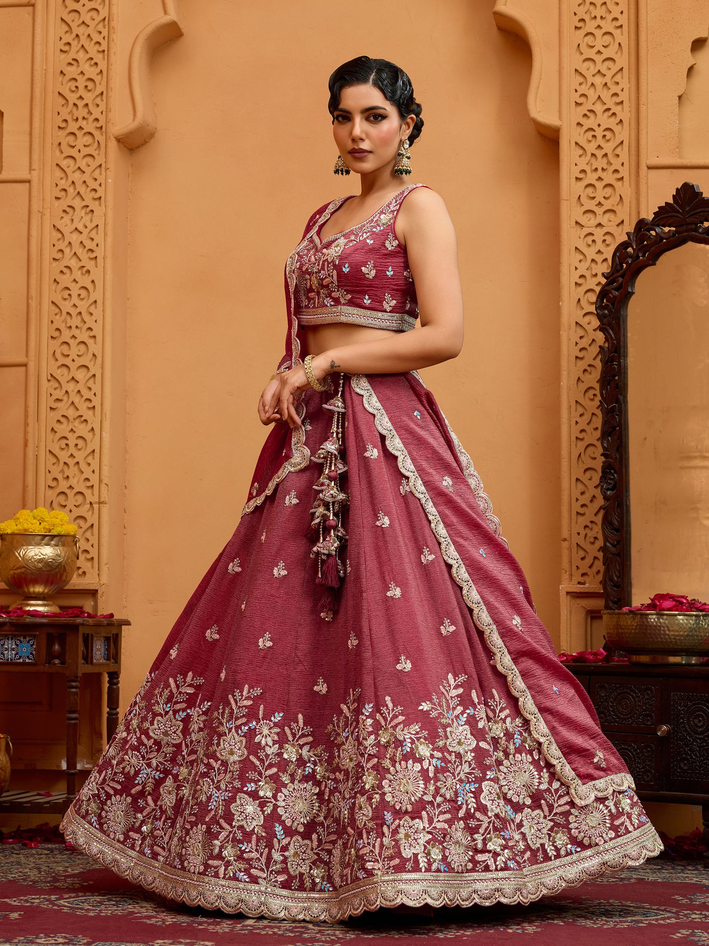Rose Gold Tissue Sequins Embroidery Bridesmaid Lehenga for Sangeet