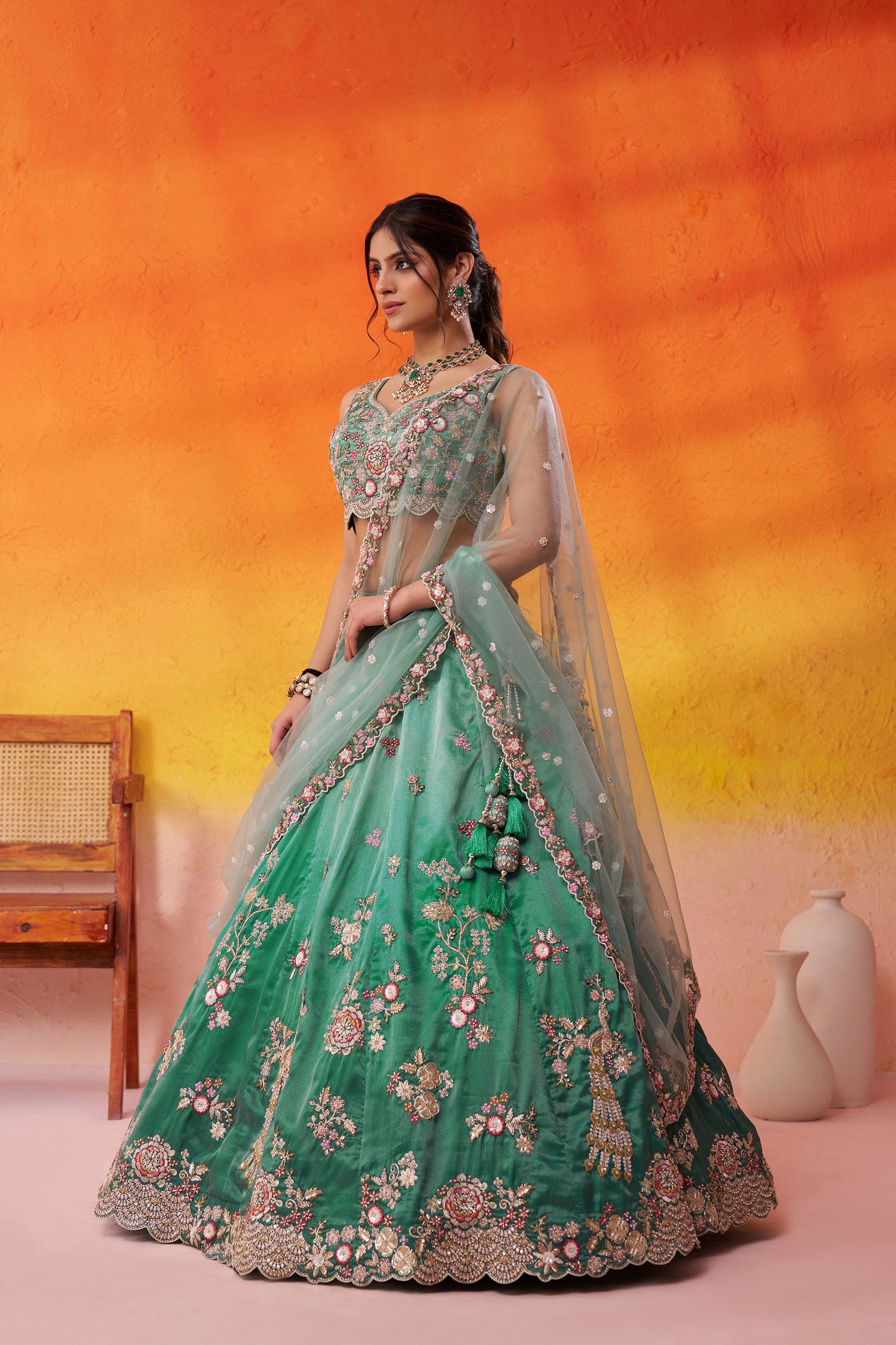 Sea Green Tissue Sequins & Thread Embroidery Bridesmaid Lehenga for Wedding