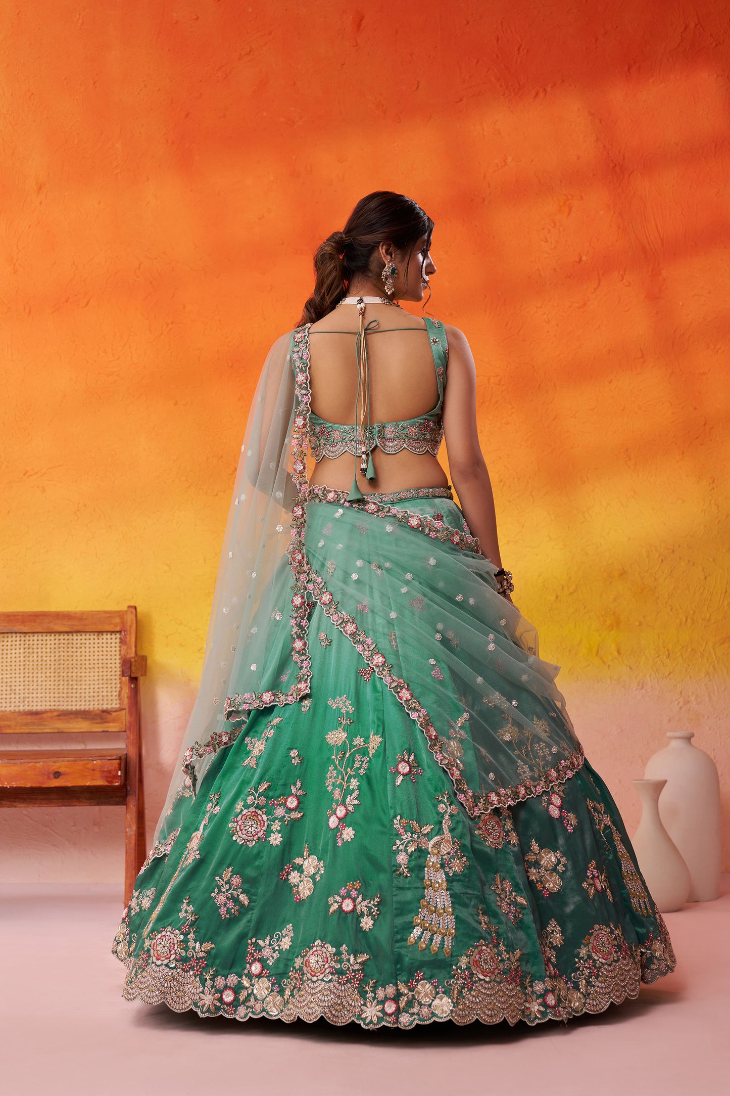 Sea Green Tissue Sequins & Thread Embroidery Bridesmaid Lehenga for Wedding