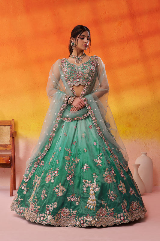Sea Green Tissue Sequins & Thread Embroidery Bridesmaid Lehenga for Wedding