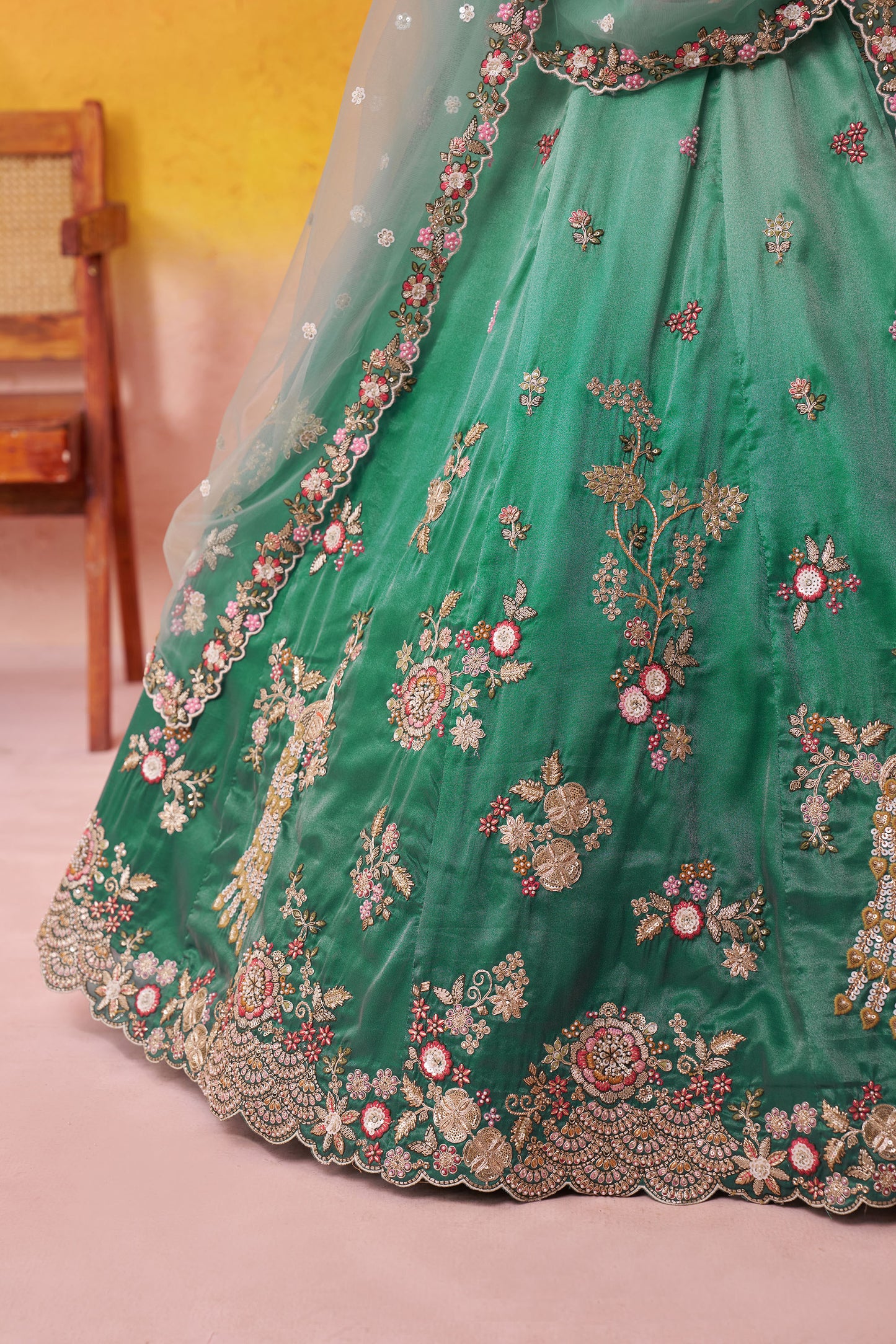 Sea Green Tissue Sequins & Thread Embroidery Bridesmaid Lehenga for Wedding