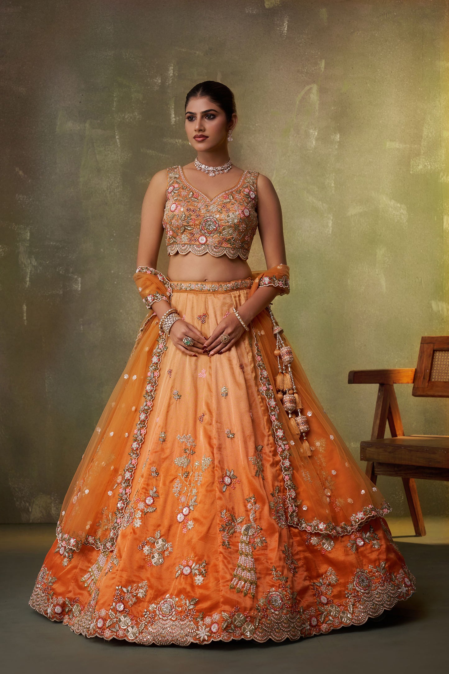 Orange Tissue Sequins & Thread Embroidery Engagement Lehenga