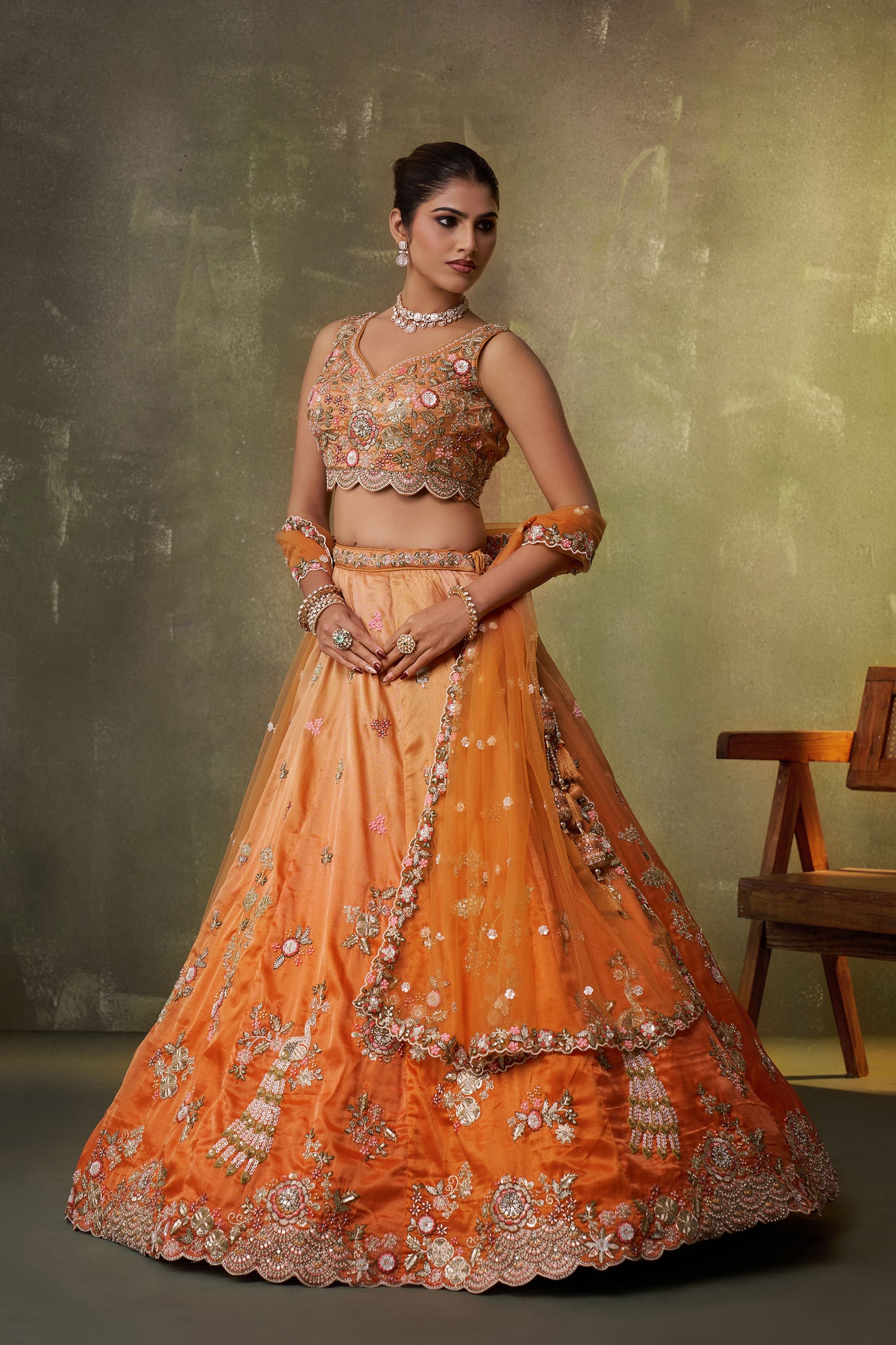 Orange Tissue Sequins & Thread Embroidery Engagement Lehenga