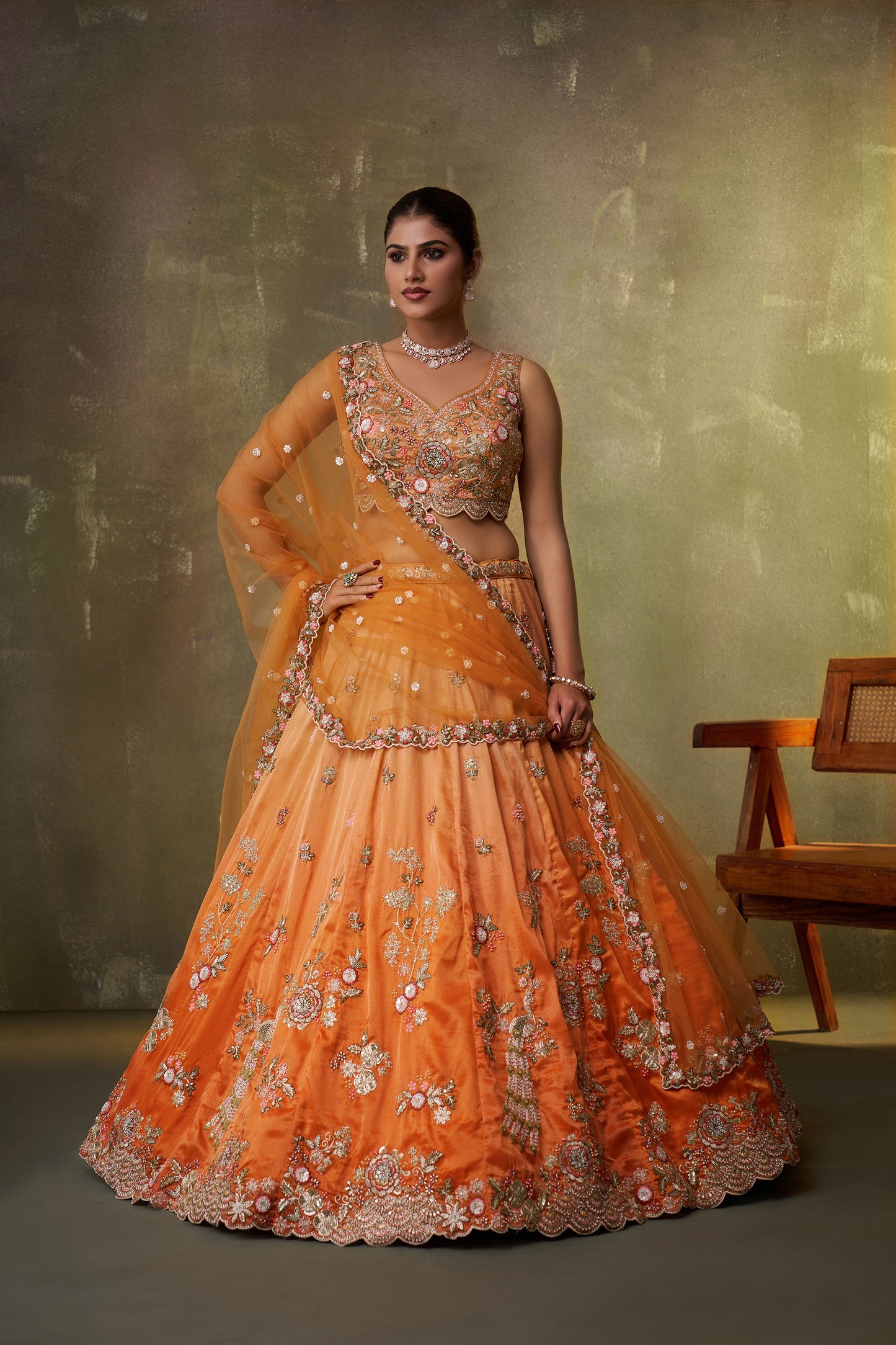 Orange Tissue Sequins & Thread Embroidery Engagement Lehenga
