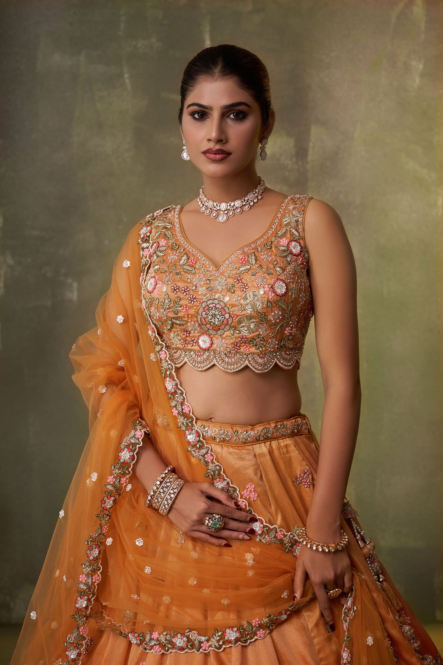 Orange Tissue Sequins & Thread Embroidery Engagement Lehenga