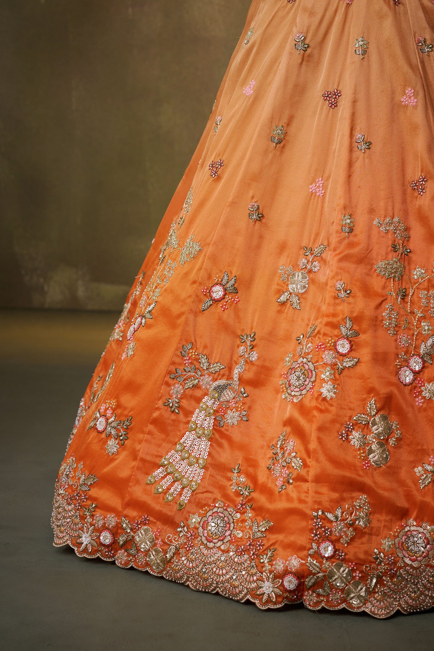Orange Tissue Sequins & Thread Embroidery Engagement Lehenga