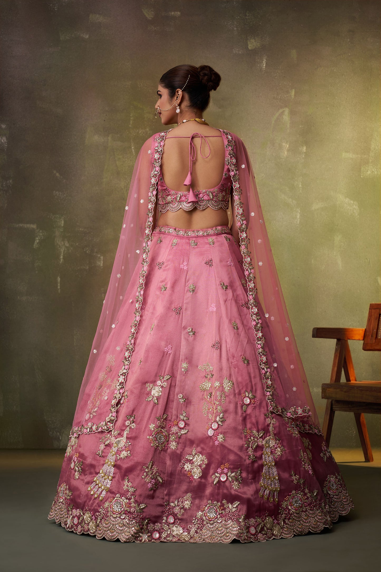 Pink Tissue Sequins & Thread Embroidery Sangeet Lehenga