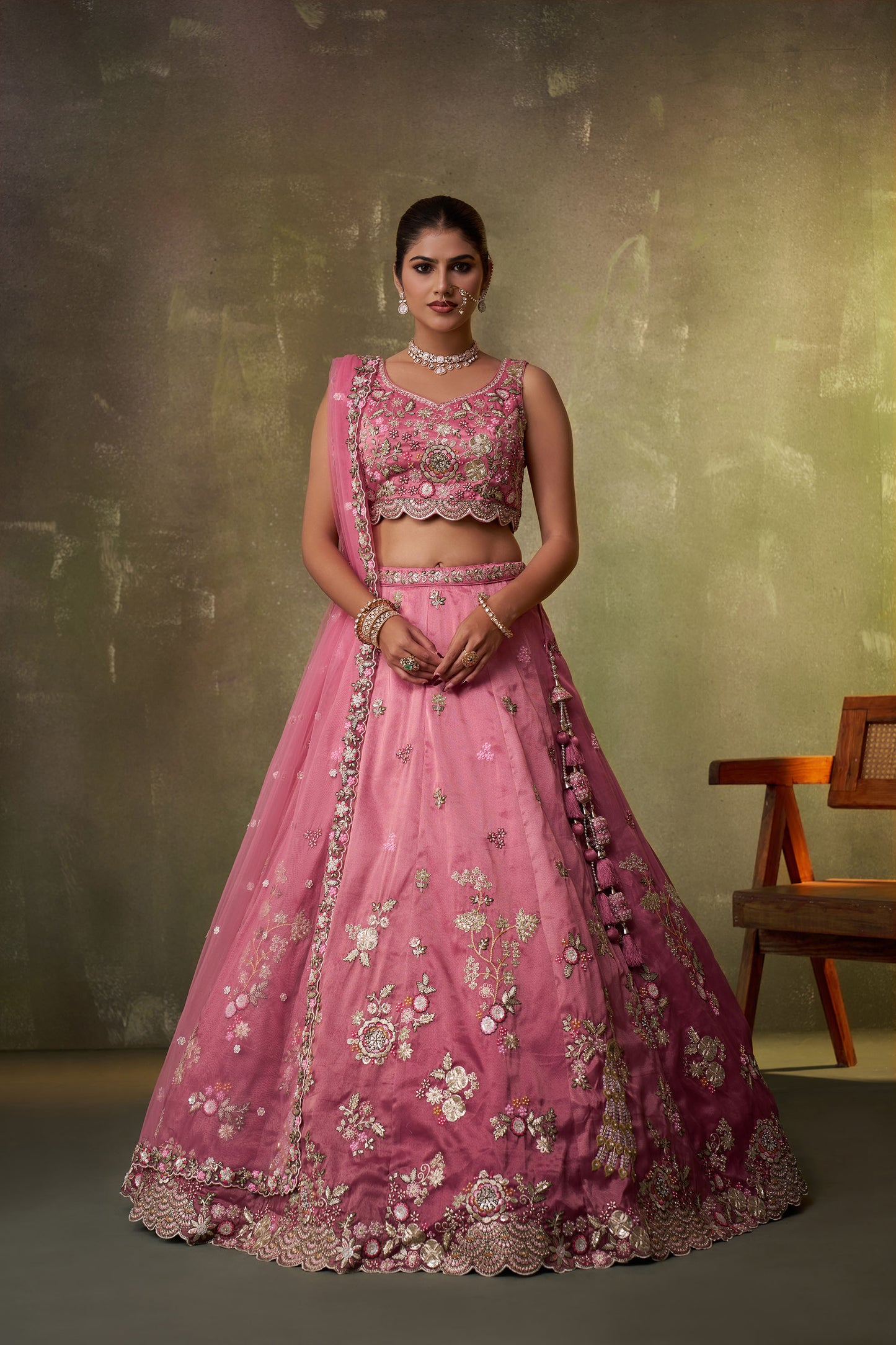 Pink Tissue Sequins & Thread Embroidery Sangeet Lehenga