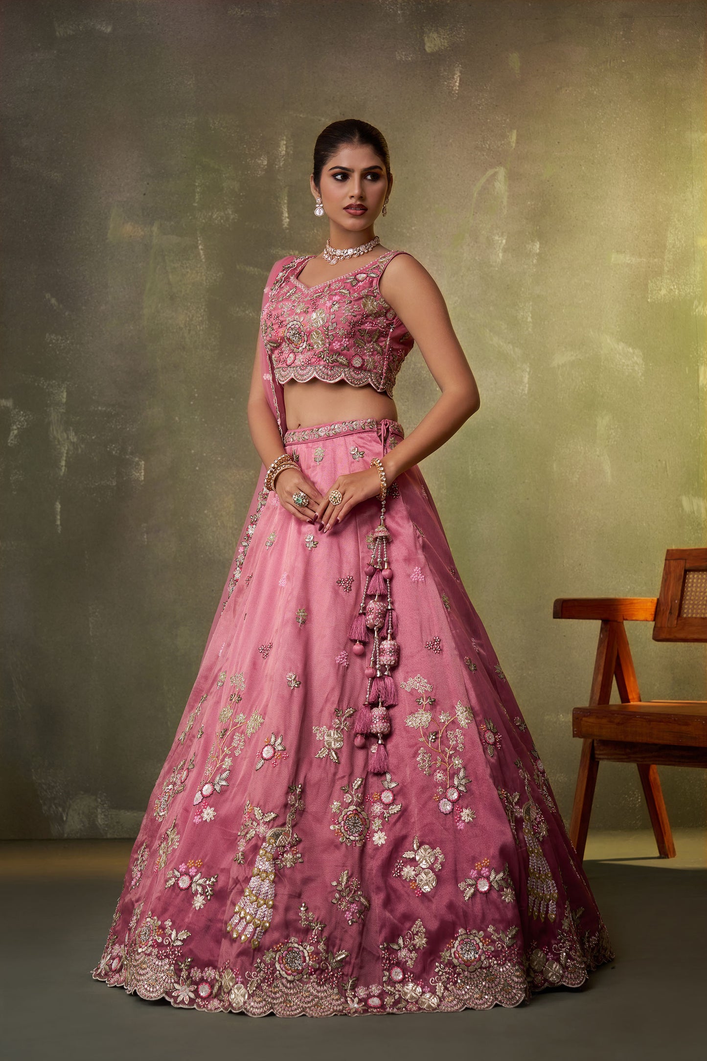 Pink Tissue Sequins & Thread Embroidery Sangeet Lehenga
