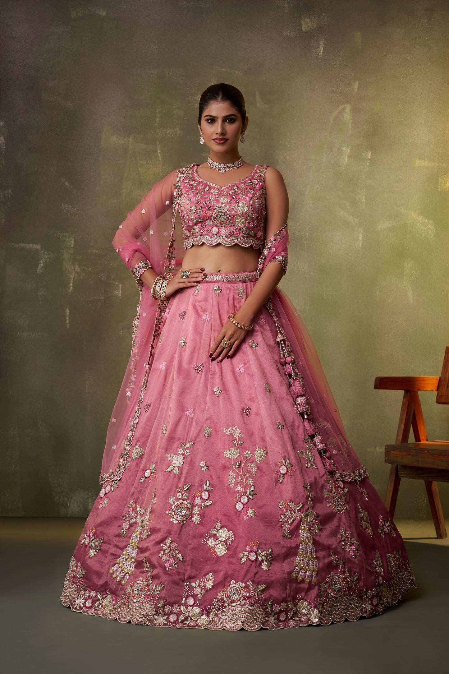 Pink Tissue Sequins & Thread Embroidery Sangeet Lehenga