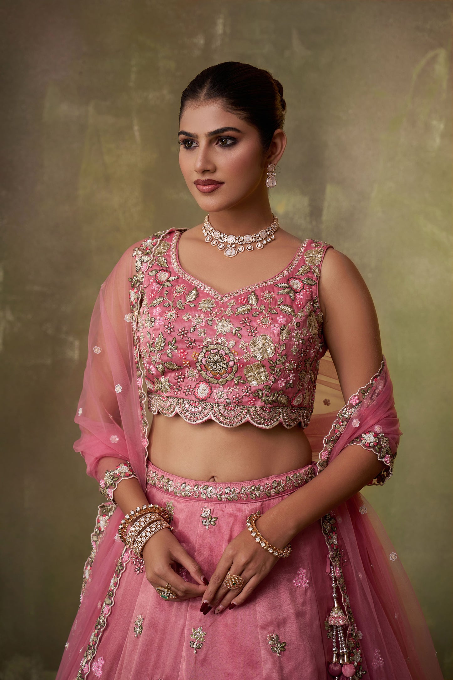 Pink Tissue Sequins & Thread Embroidery Sangeet Lehenga