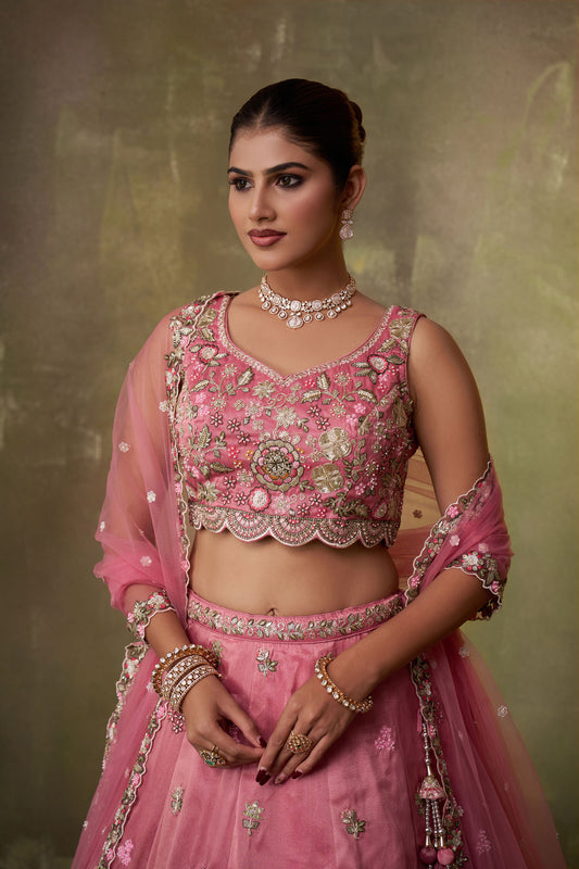 Pink Tissue Sequins & Thread Embroidery Sangeet Lehenga