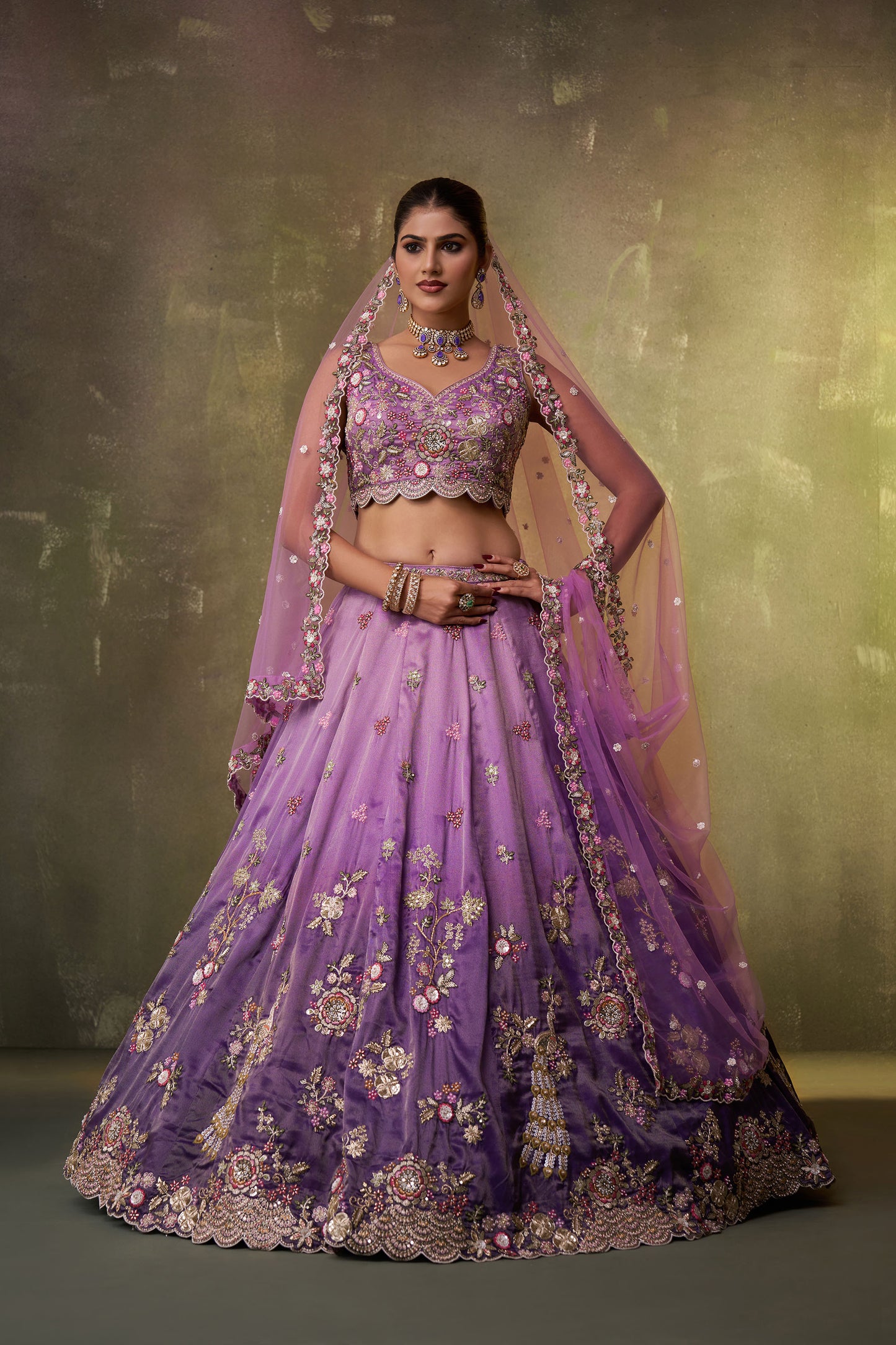 Purple Tissue Sequins & Thread Embroidery Reception Lehenga