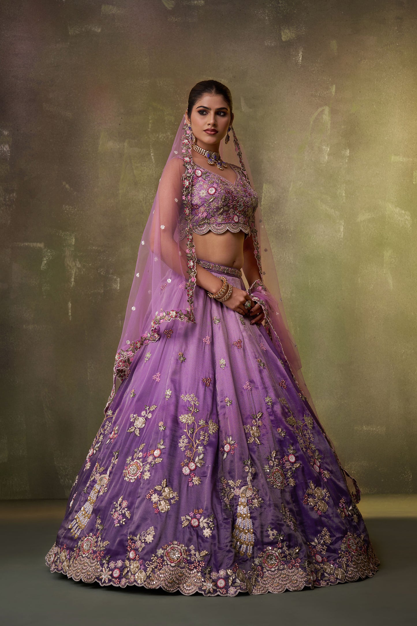 Purple Tissue Sequins & Thread Embroidery Reception Lehenga