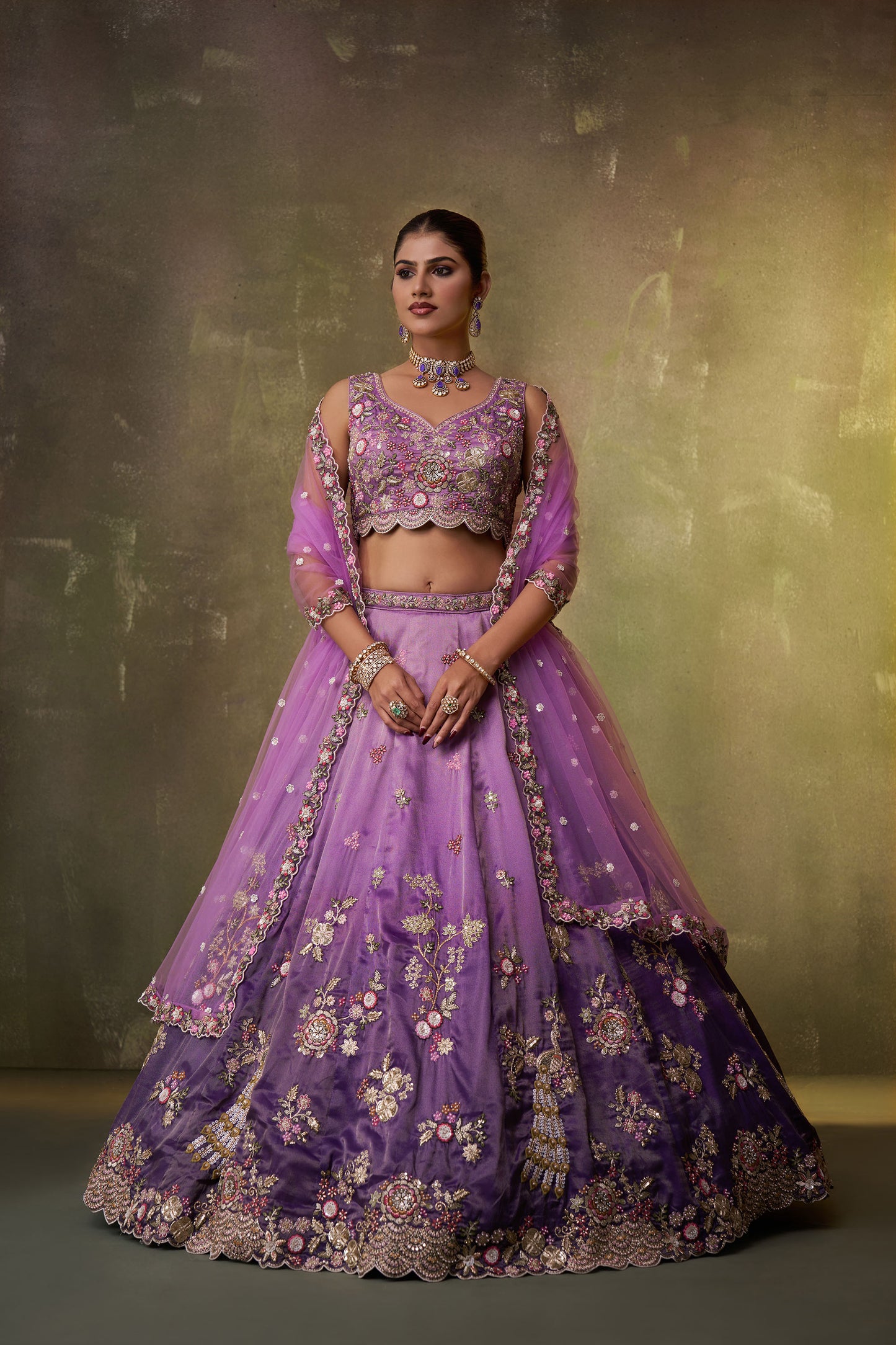 Purple Tissue Sequins & Thread Embroidery Reception Lehenga