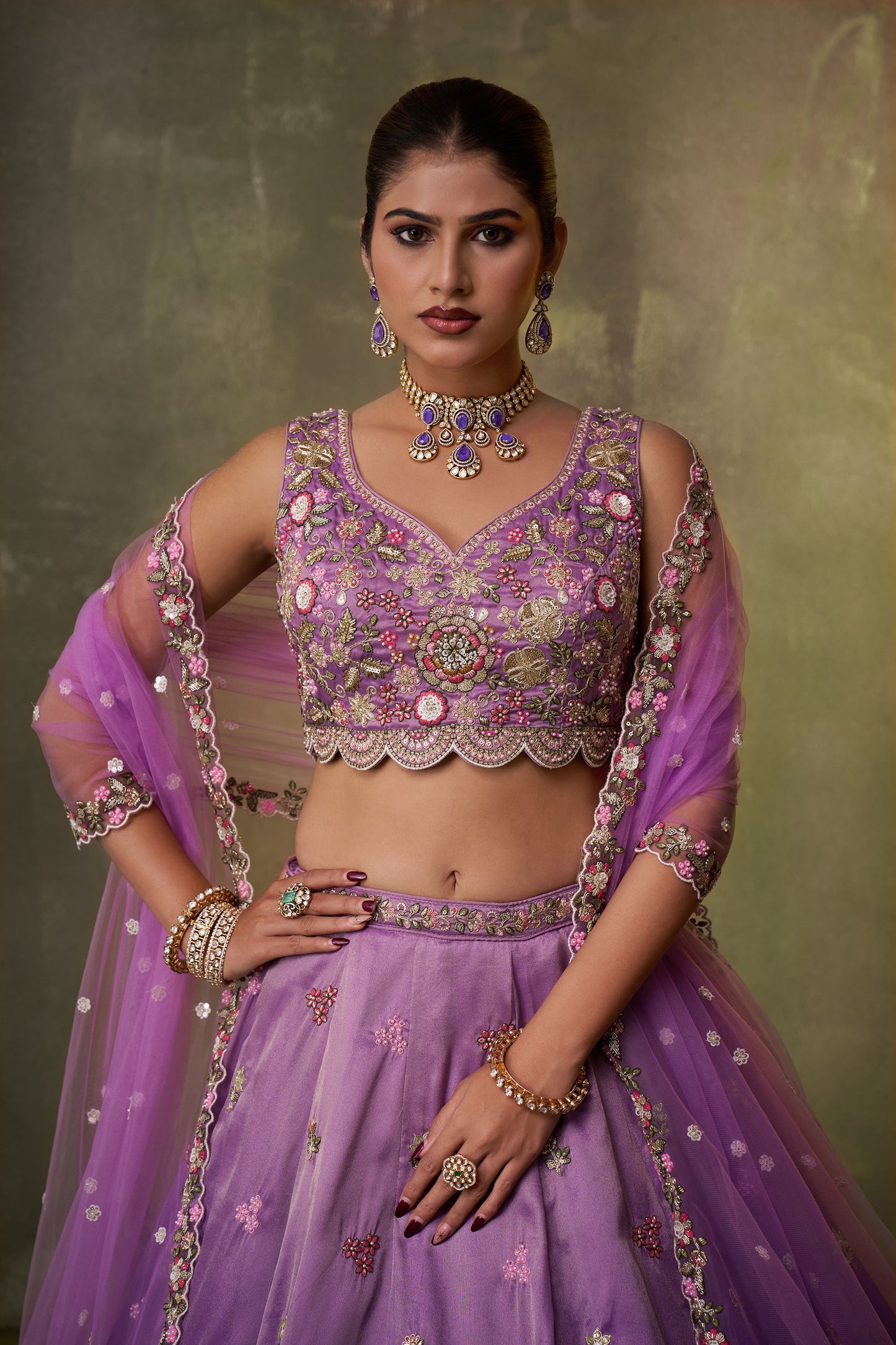 Purple Tissue Sequins & Thread Embroidery Reception Lehenga
