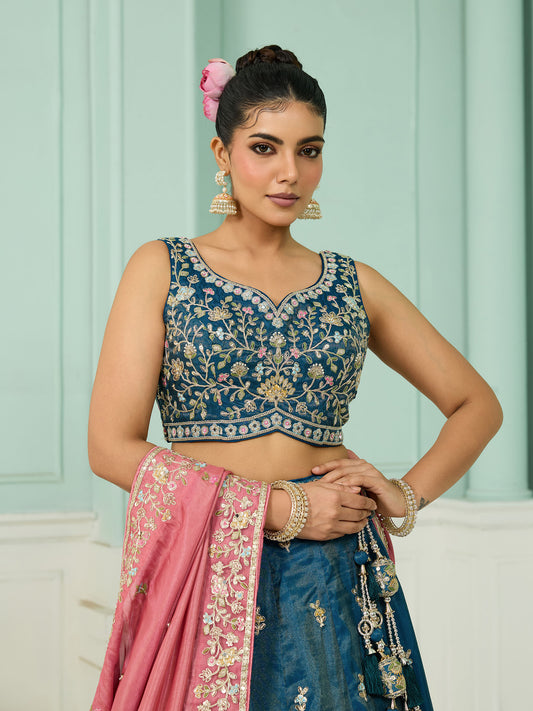 Blue Cosmos Silk Sequins Embroidery Bridesmaid Lehenga
