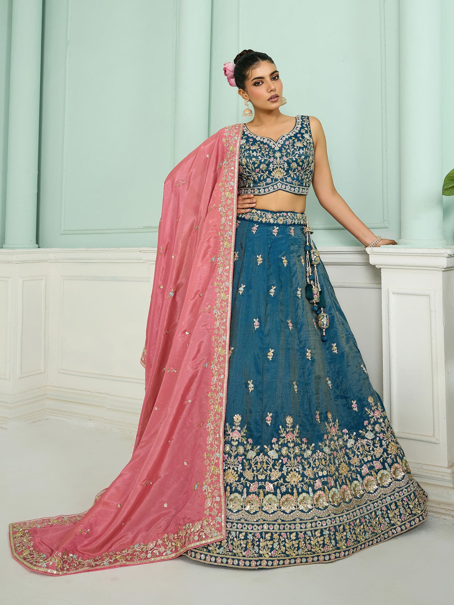 Blue Cosmos Silk Sequins Embroidery Bridesmaid Lehenga