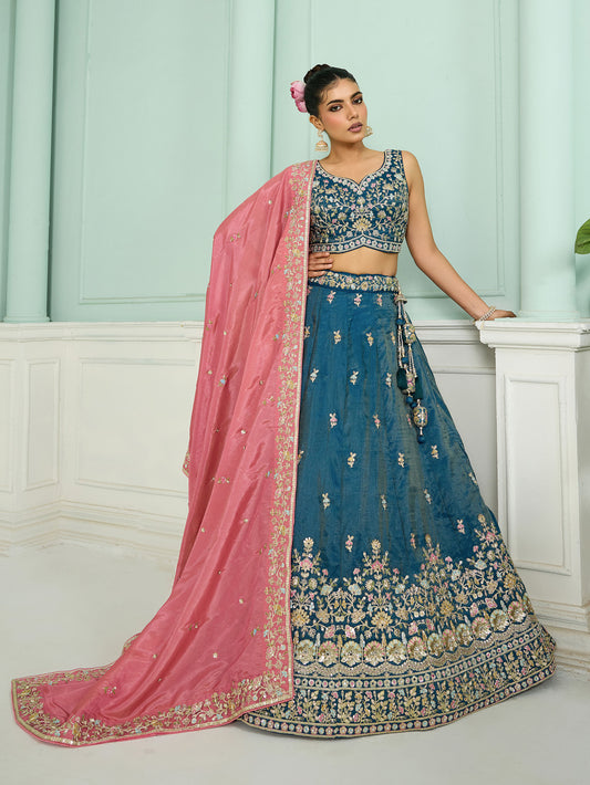 Blue Cosmos Silk Sequins Embroidery Bridesmaid Lehenga