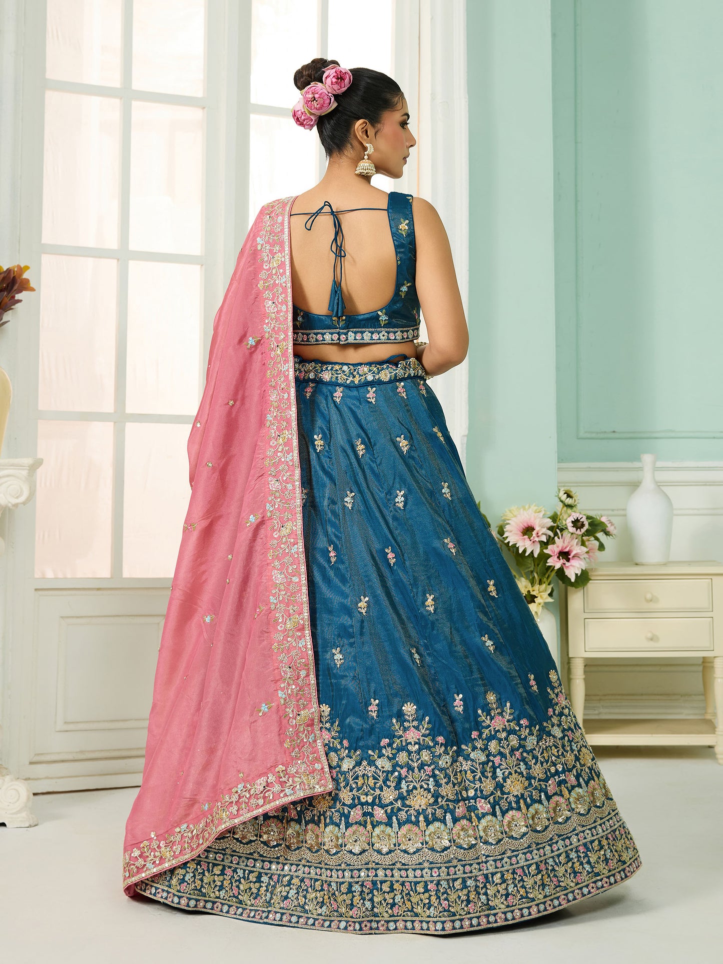 Blue Cosmos Silk Sequins Embroidery Bridesmaid Lehenga