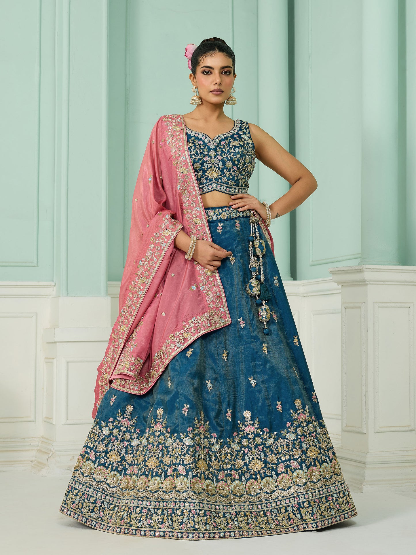 Blue Cosmos Silk Sequins Embroidery Bridesmaid Lehenga