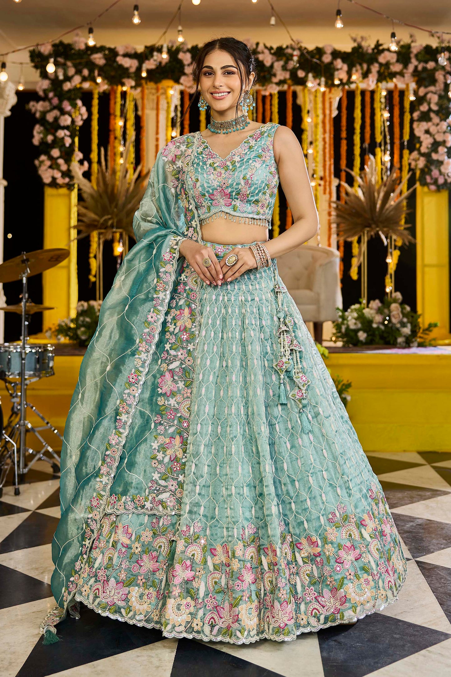 Lime Green Satin Silk Sequins Embroidered Ready to Wear Lehenga Choli