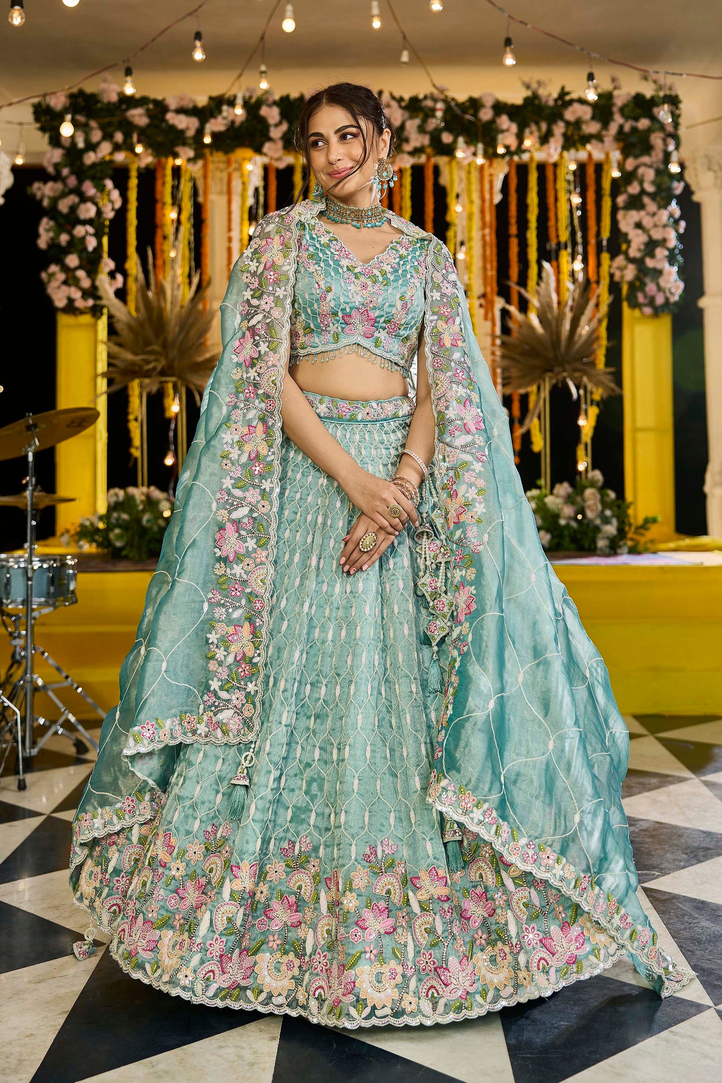 Lime Green Satin Silk Sequins Embroidered Ready to Wear Lehenga Choli