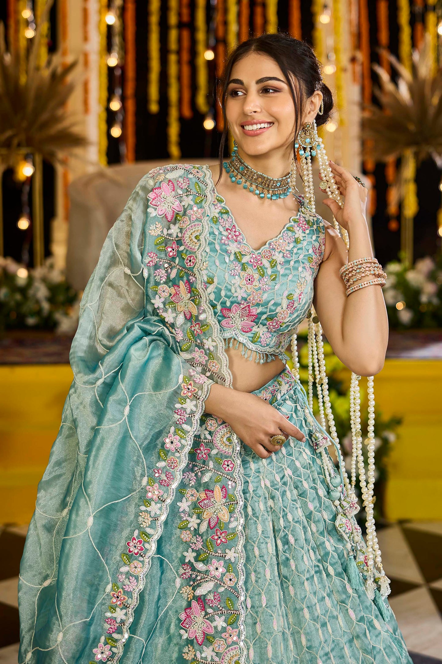 Lime Green Satin Silk Sequins Embroidered Ready to Wear Lehenga Choli