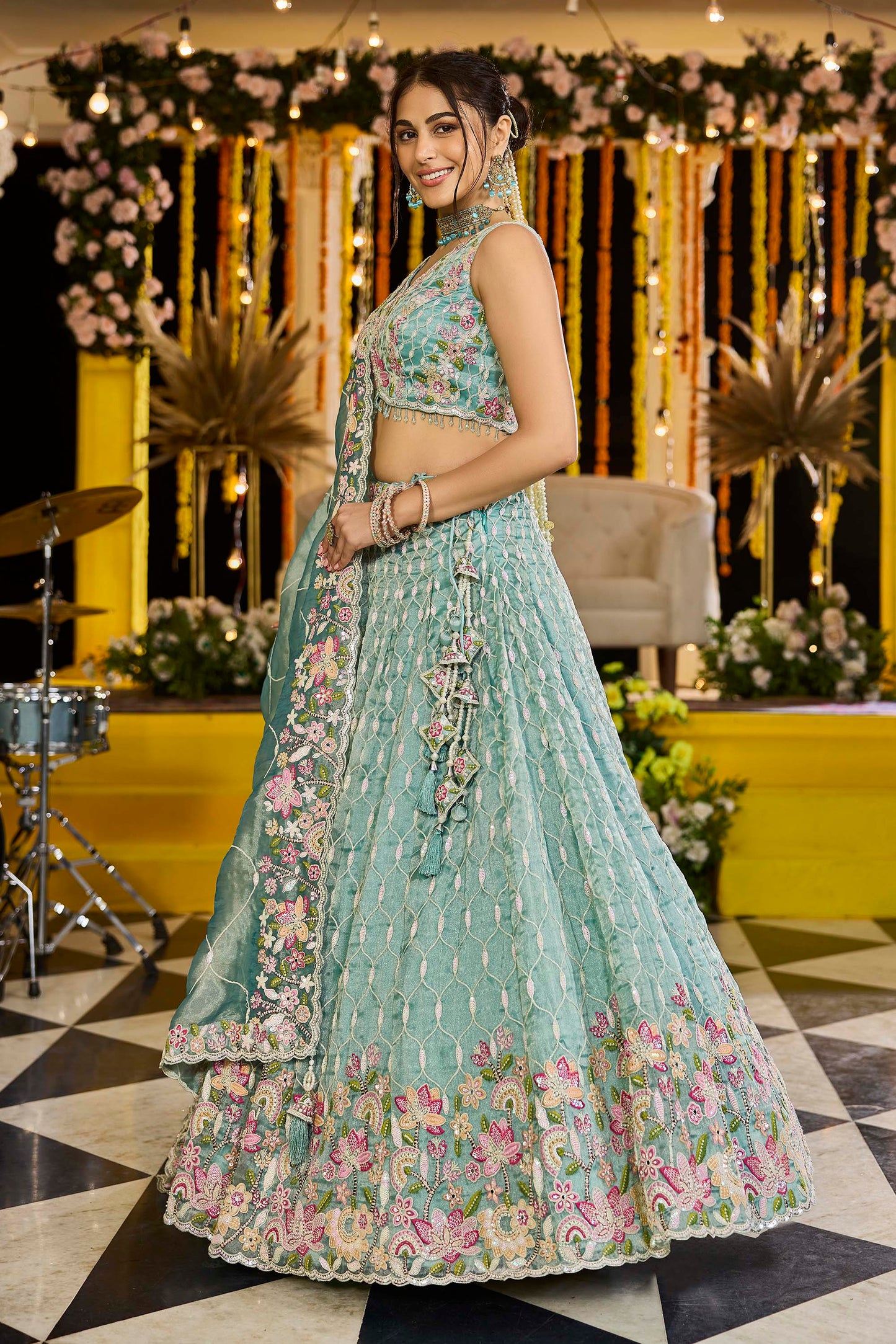 Lime Green Satin Silk Sequins Embroidered Ready to Wear Lehenga Choli