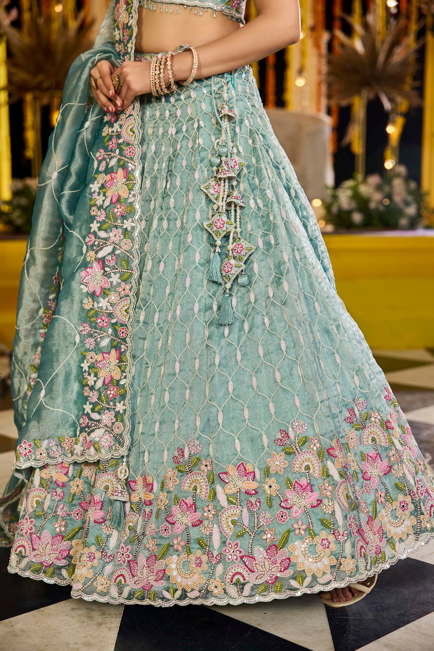 Lime Green Satin Silk Sequins Embroidered Ready to Wear Lehenga Choli