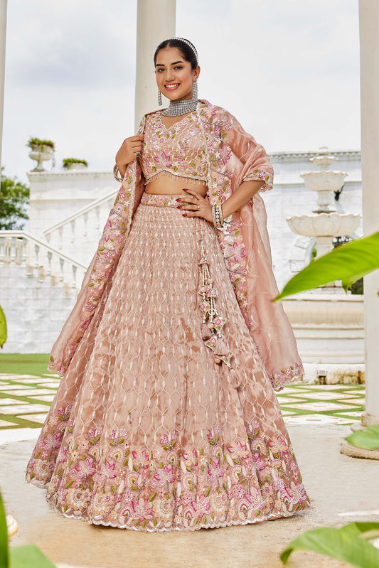 Beige Satin Silk Sequins Embroidered Ready to Wear Lehenga Choli