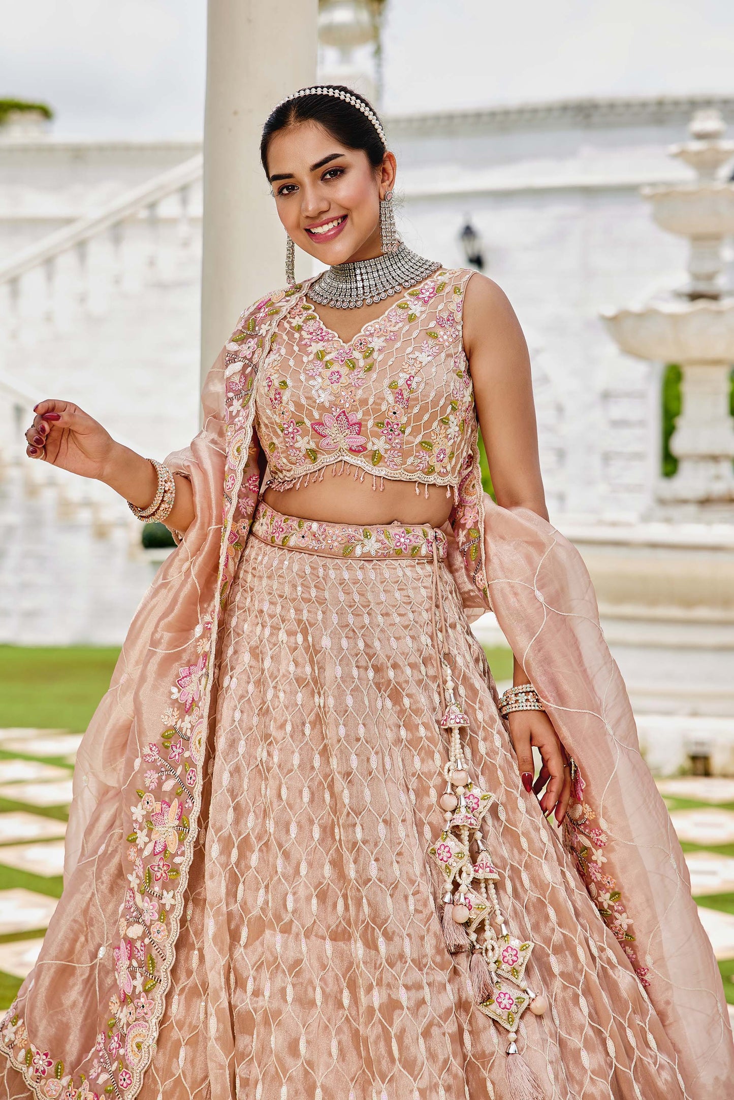 Beige Satin Silk Sequins Embroidered Ready to Wear Lehenga Choli