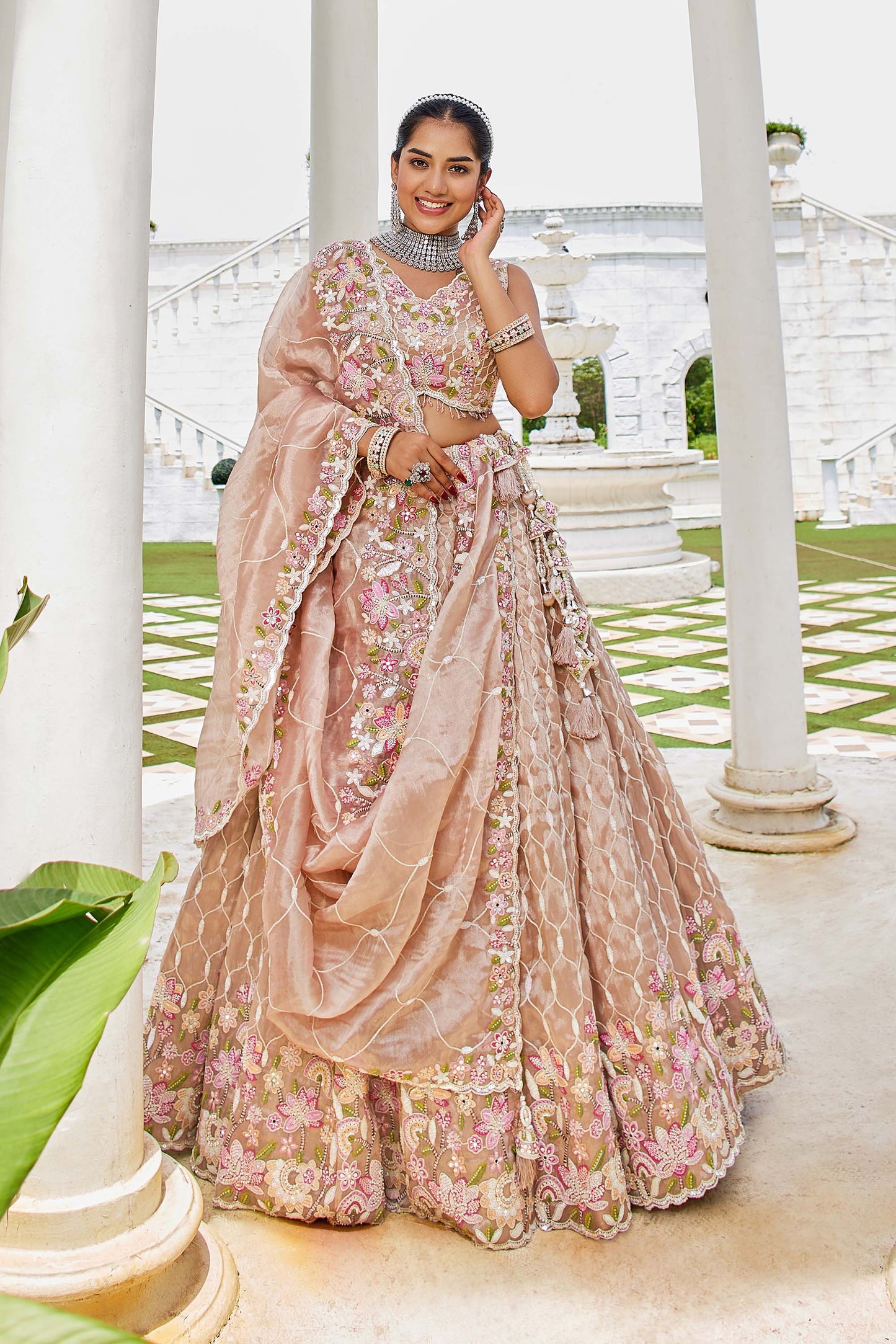 Beige Satin Silk Sequins Embroidered Ready to Wear Lehenga Choli