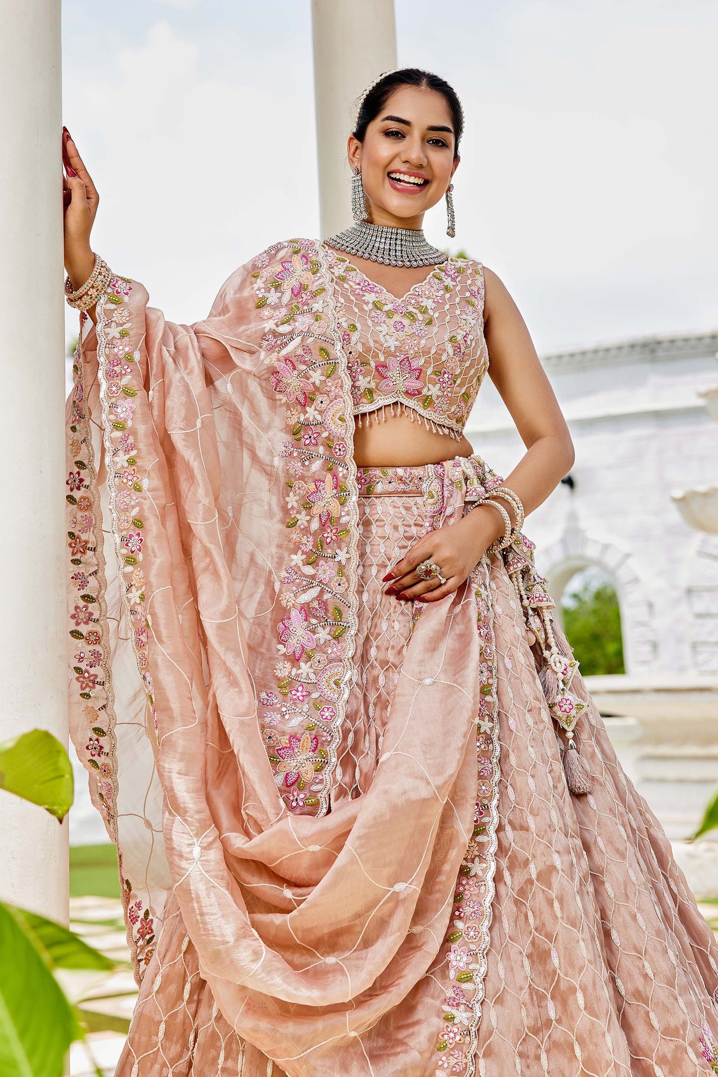 Beige Satin Silk Sequins Embroidered Ready to Wear Lehenga Choli