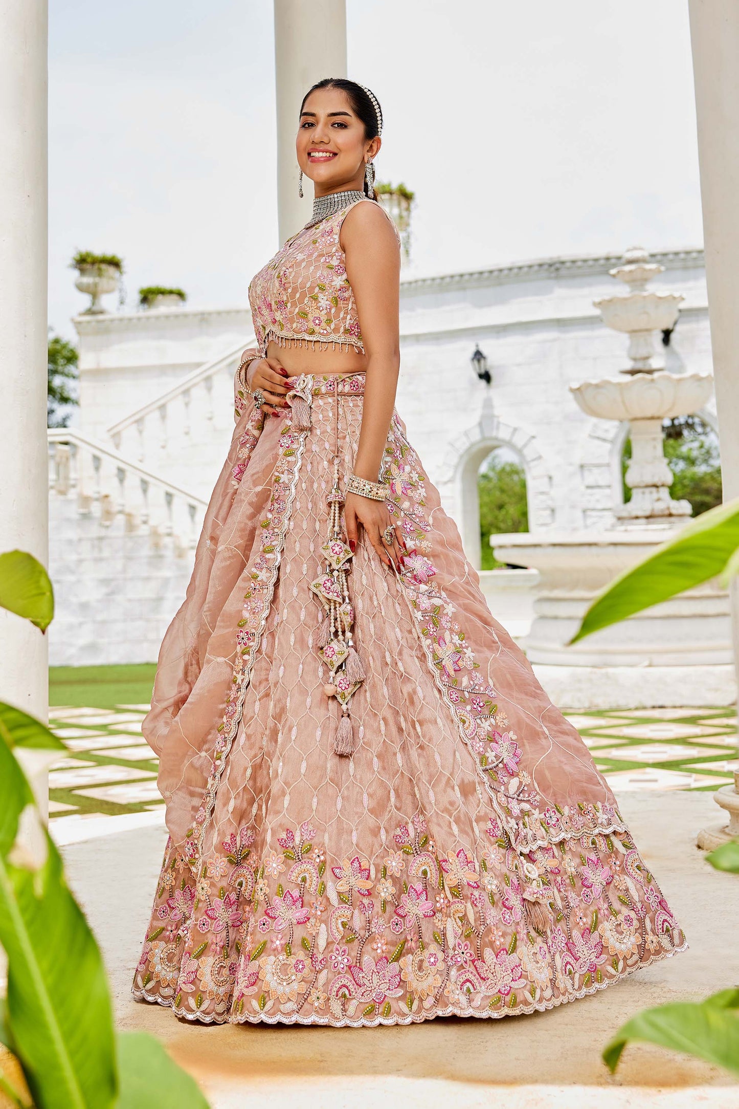 Beige Satin Silk Sequins Embroidered Ready to Wear Lehenga Choli