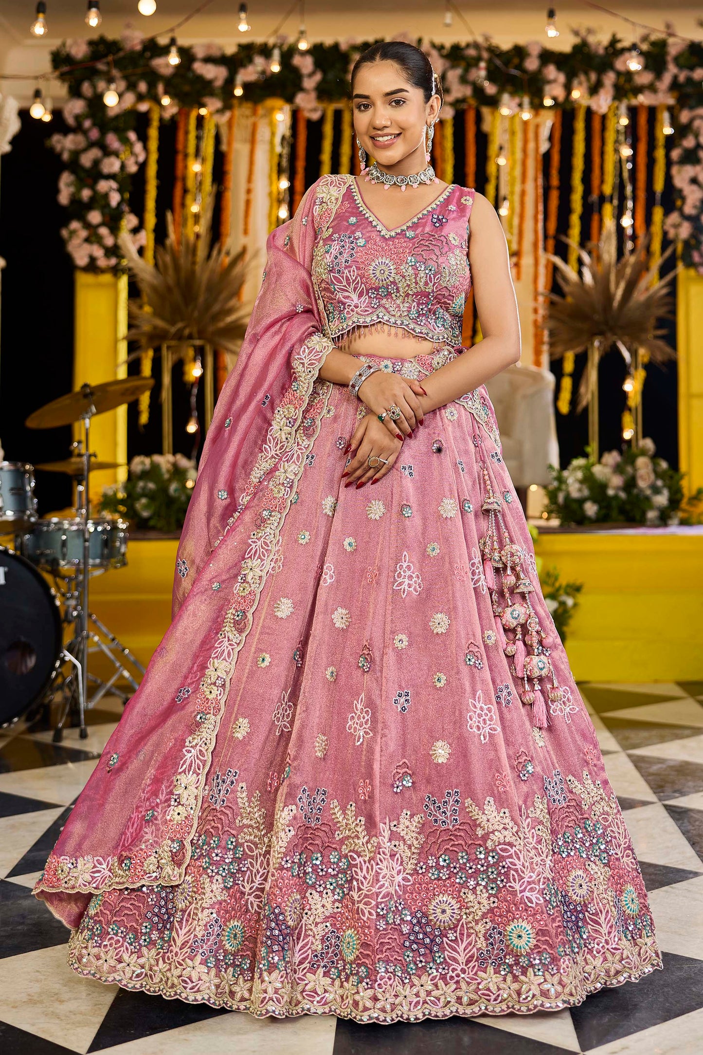 Pink  Satin Silk Fabric Sequins Embroidered Ready to Wear Sangeet Lehenga
