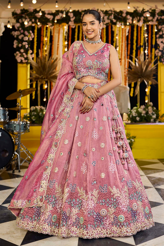 Pink  Satin Silk Fabric Sequins Embroidered Ready to Wear Sangeet Lehenga