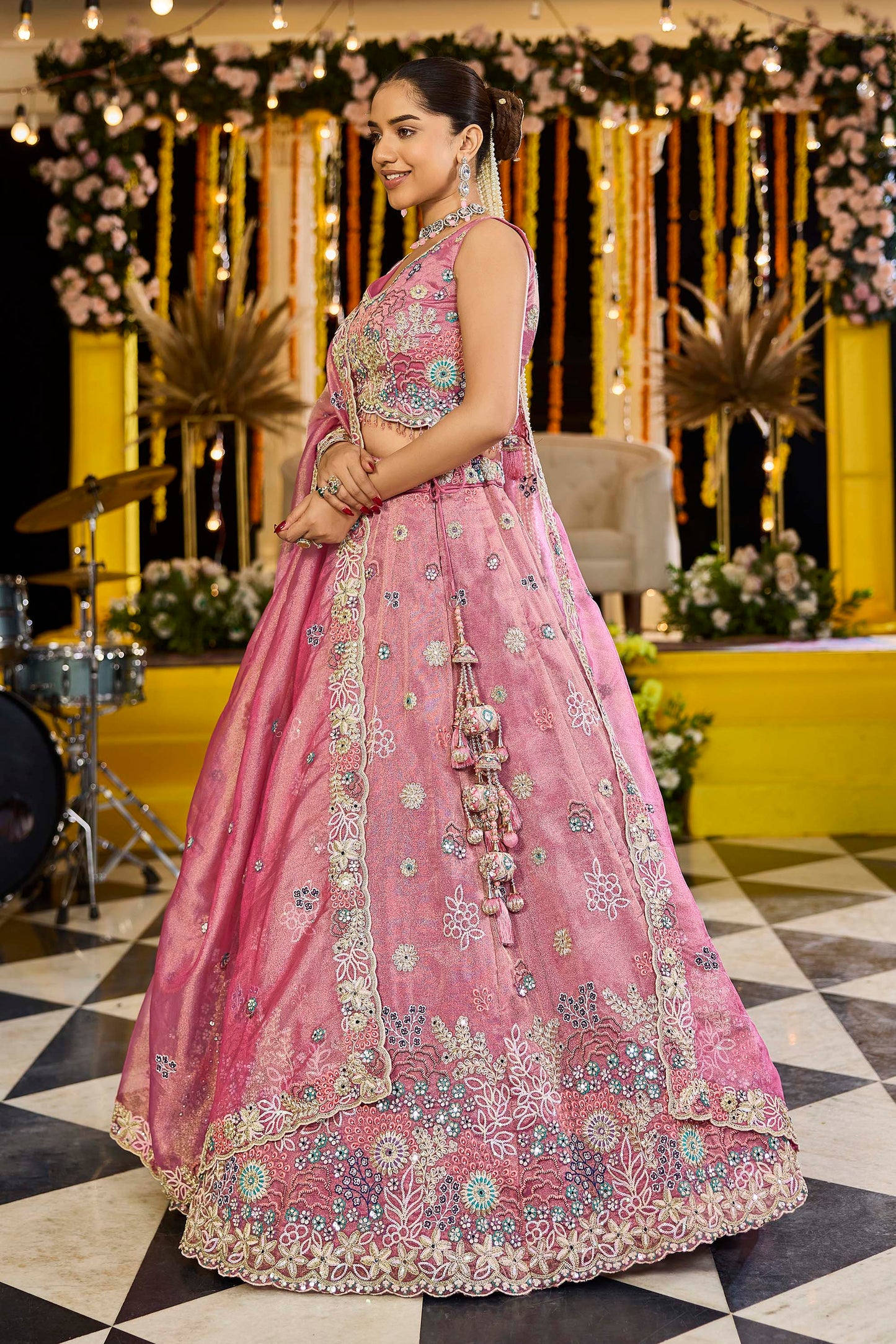 Pink  Satin Silk Fabric Sequins Embroidered Ready to Wear Sangeet Lehenga