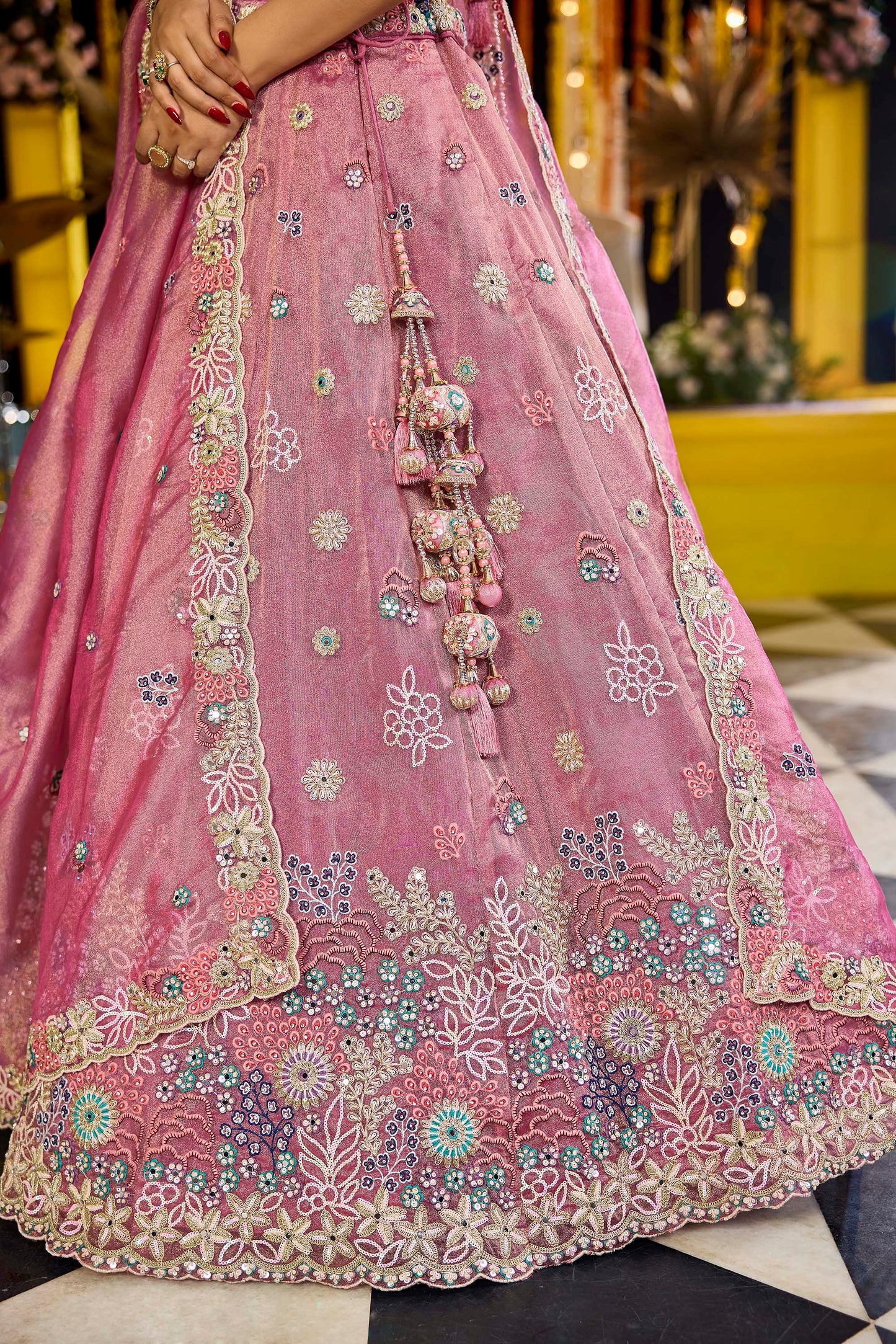 Pink  Satin Silk Fabric Sequins Embroidered Ready to Wear Sangeet Lehenga