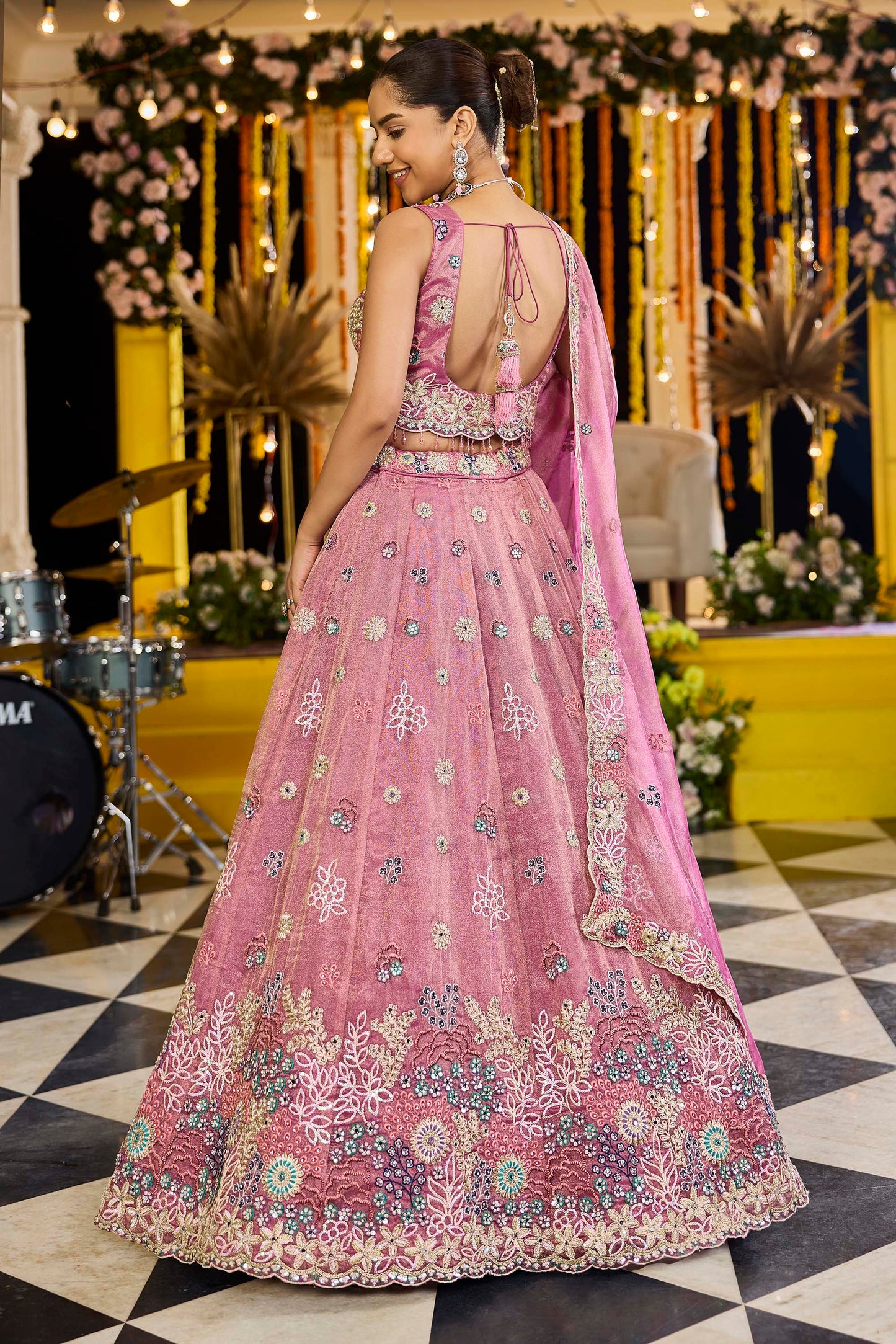 Pink  Satin Silk Fabric Sequins Embroidered Ready to Wear Sangeet Lehenga
