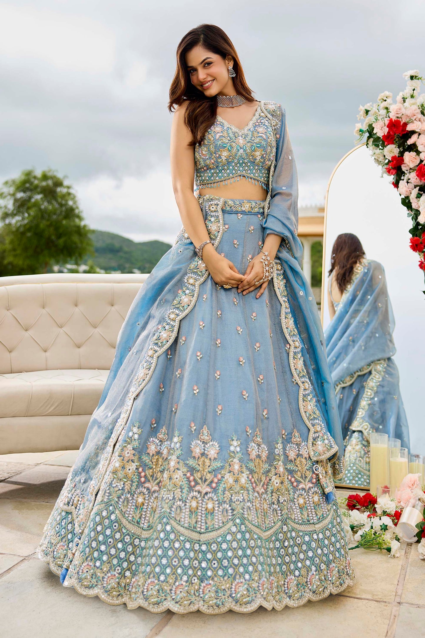 Blue Satin Silk Sequins Embroidered Ready to Wear Engagement Lehenga Choli