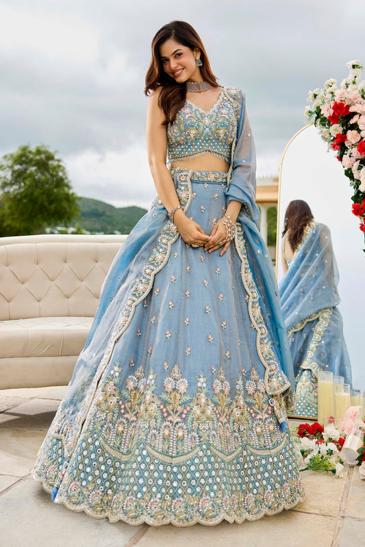 Blue Satin Silk Sequins Embroidered Ready to Wear Engagement Lehenga Choli